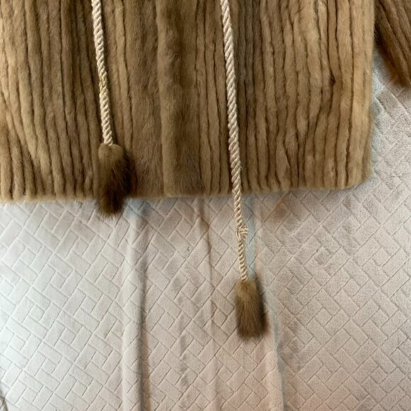 Womens L Mink Fur Coat Brown With Tassel Belt Ribbed Corded Short Length - Picture 5 of 16